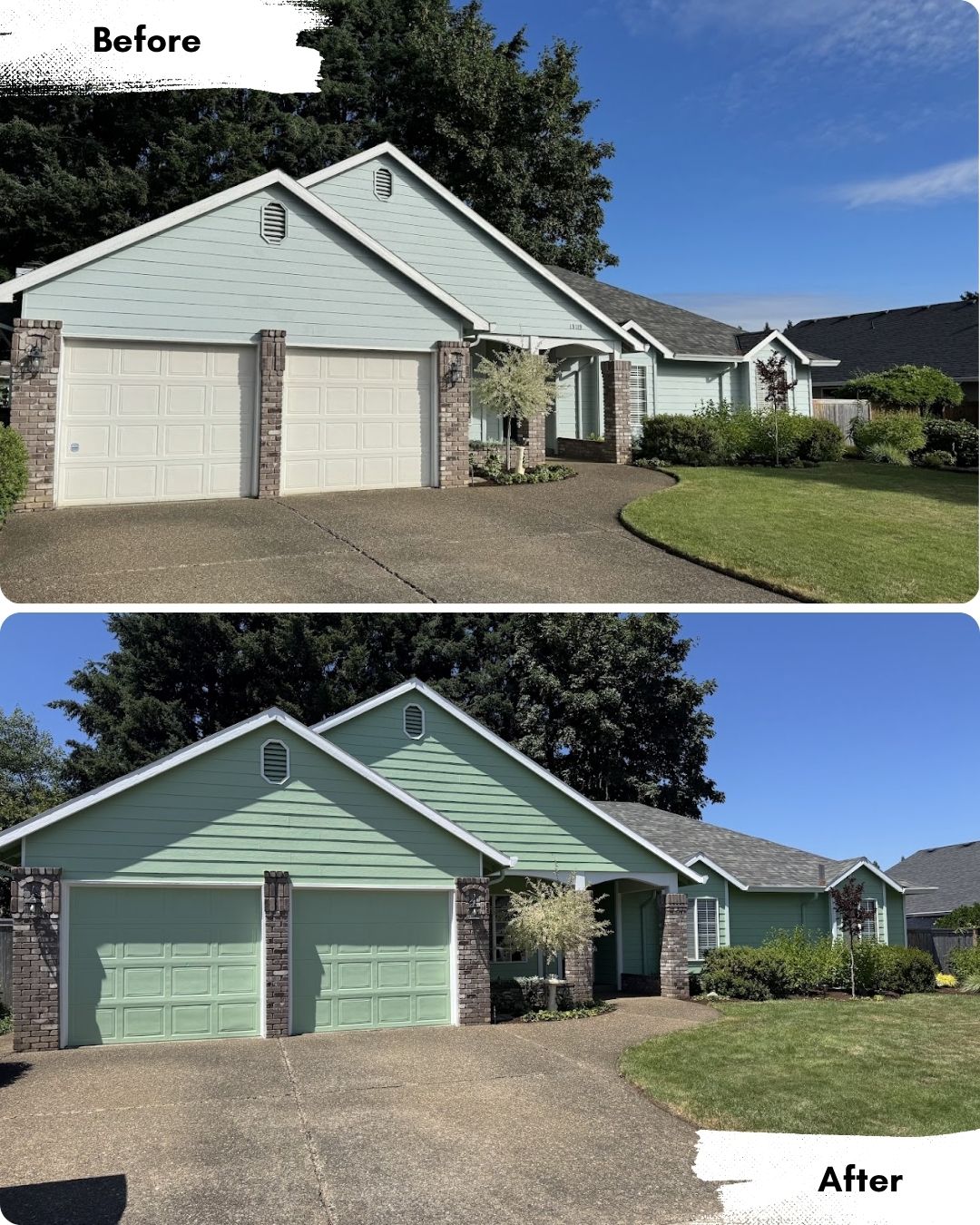 Before and after photos show a house in Portland with garage doors painted white, then green by Pearl Painters; driveway and yard unchanged.