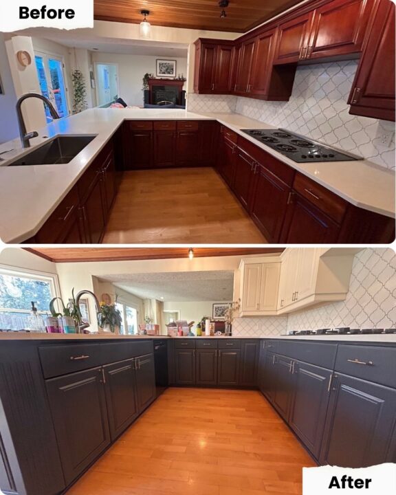 Before and after kitchen photos in Portland; Pearl Painters painted dark wood cabinets to black lowers and white uppers.
