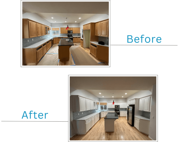 Before and after photos of kitchen cabinets painted in Portland