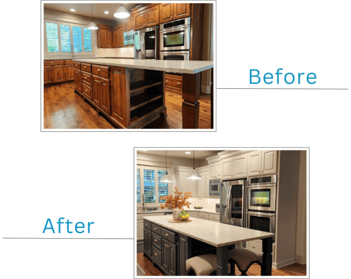 Before and after photos of large kitchen repainted, with island