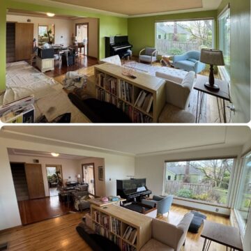 Before-and-after photos: Portland living room painted white by Pearl Painters, changing green walls and tidying the space.