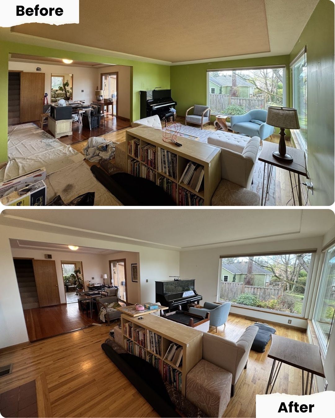Before-and-after photos: Portland living room painted white by Pearl Painters, changing green walls and tidying the space.