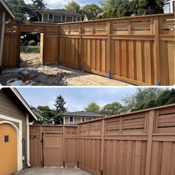 Before and after photos of a new wooden fence and gate painted by Pearl Painters in Portland; ground paved in the second image.