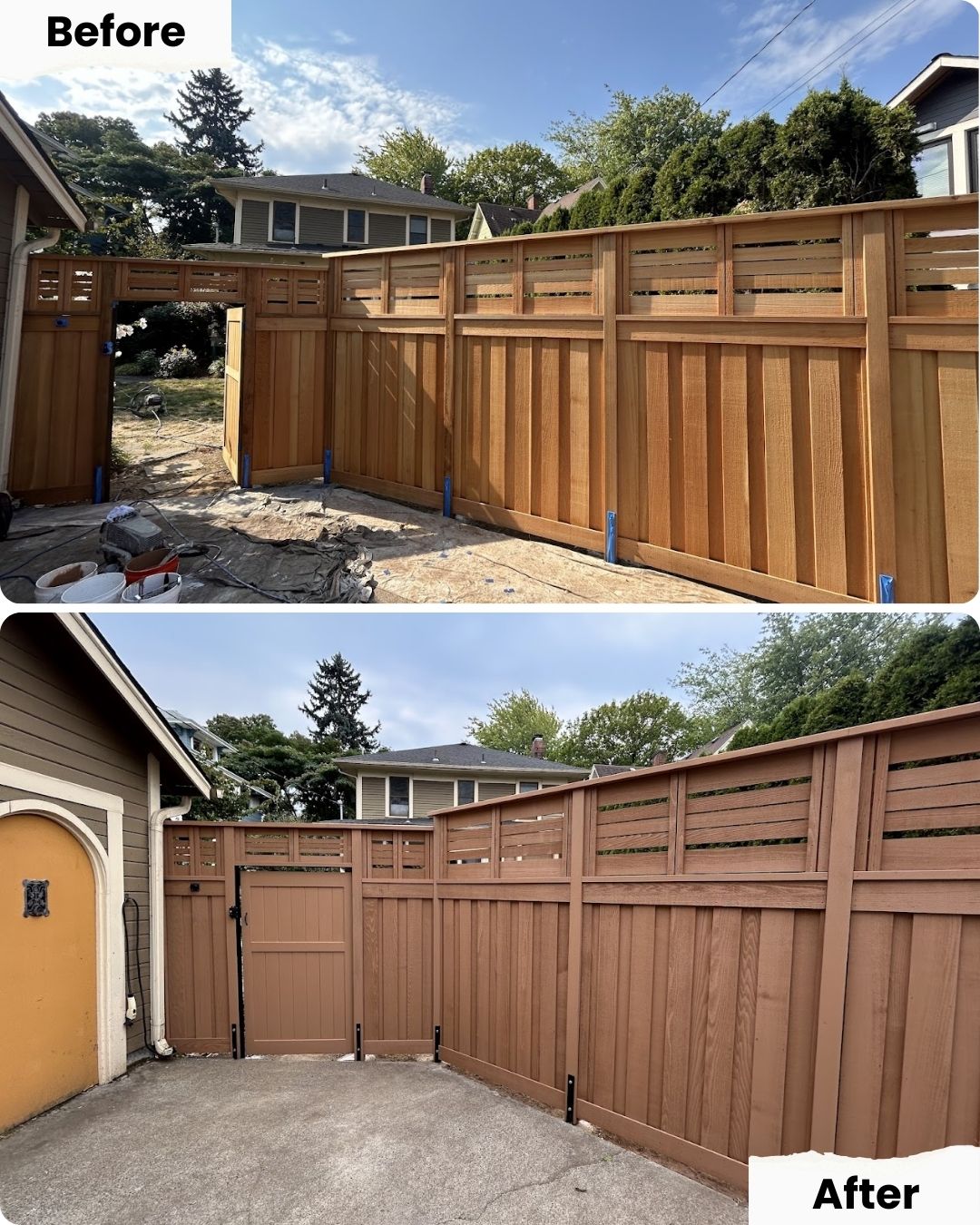 Before and after photos of a new wooden fence and gate painted by Pearl Painters in Portland; ground paved in the second image.