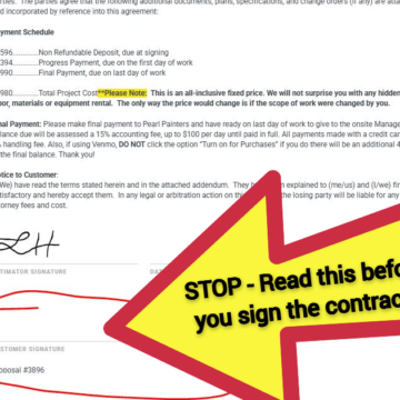 A contract from Pearl Painters in Portland features a large yellow arrow pointing to the customer signature line, reminding customers to review the painting quote and confirm a fair price before signing.