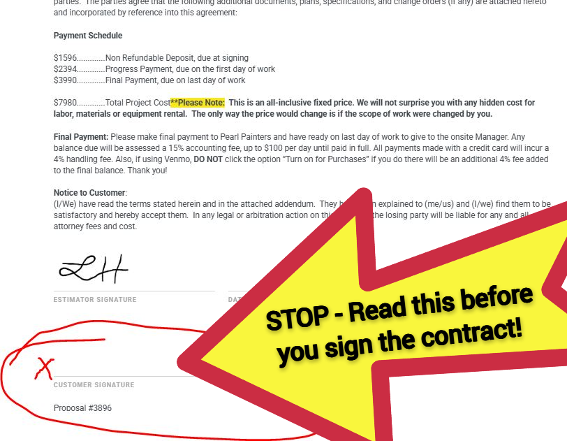 A contract from Pearl Painters in Portland features a large yellow arrow pointing to the customer signature line, reminding customers to review the painting quote and confirm a fair price before signing.