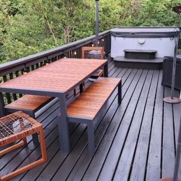 fully refinished patio table, including bench, and dark stained deck in Portland