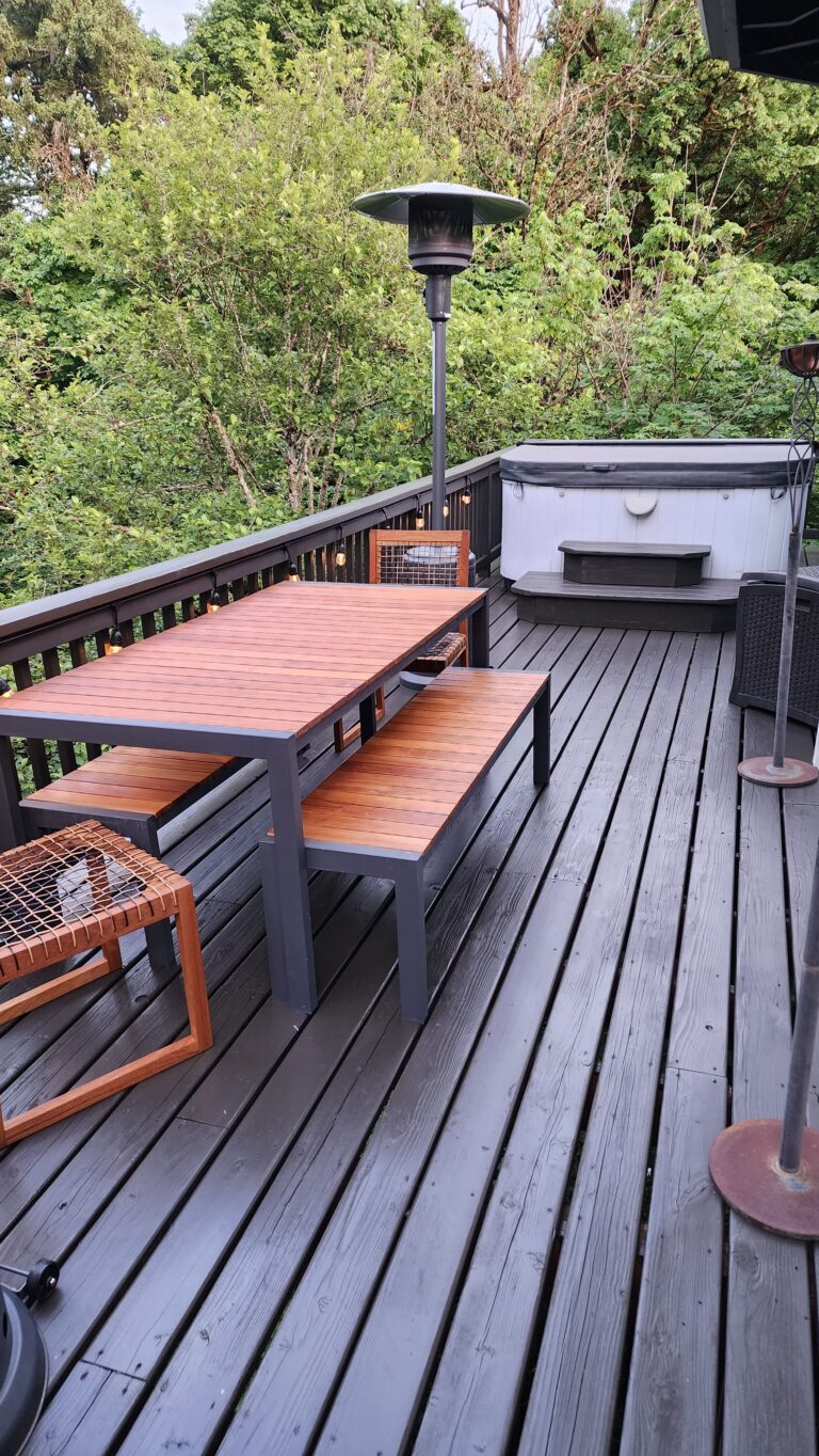 fully refinished patio table, including bench, and dark stained deck in Portland