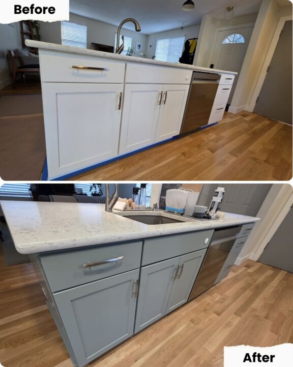 Side-by-side of kitchen island before and after Pearl Painters painted cabinets from white to light gray in Portland home.