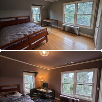 Before: Minimal bedroom with bed, table, radiator. After: Painter added desk, lamp, chair, rug for a cozier look in Portland.