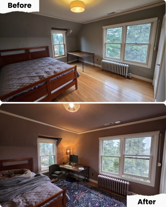 Before: Minimal bedroom with bed, table, radiator. After: Painter added desk, lamp, chair, rug for a cozier look in Portland.