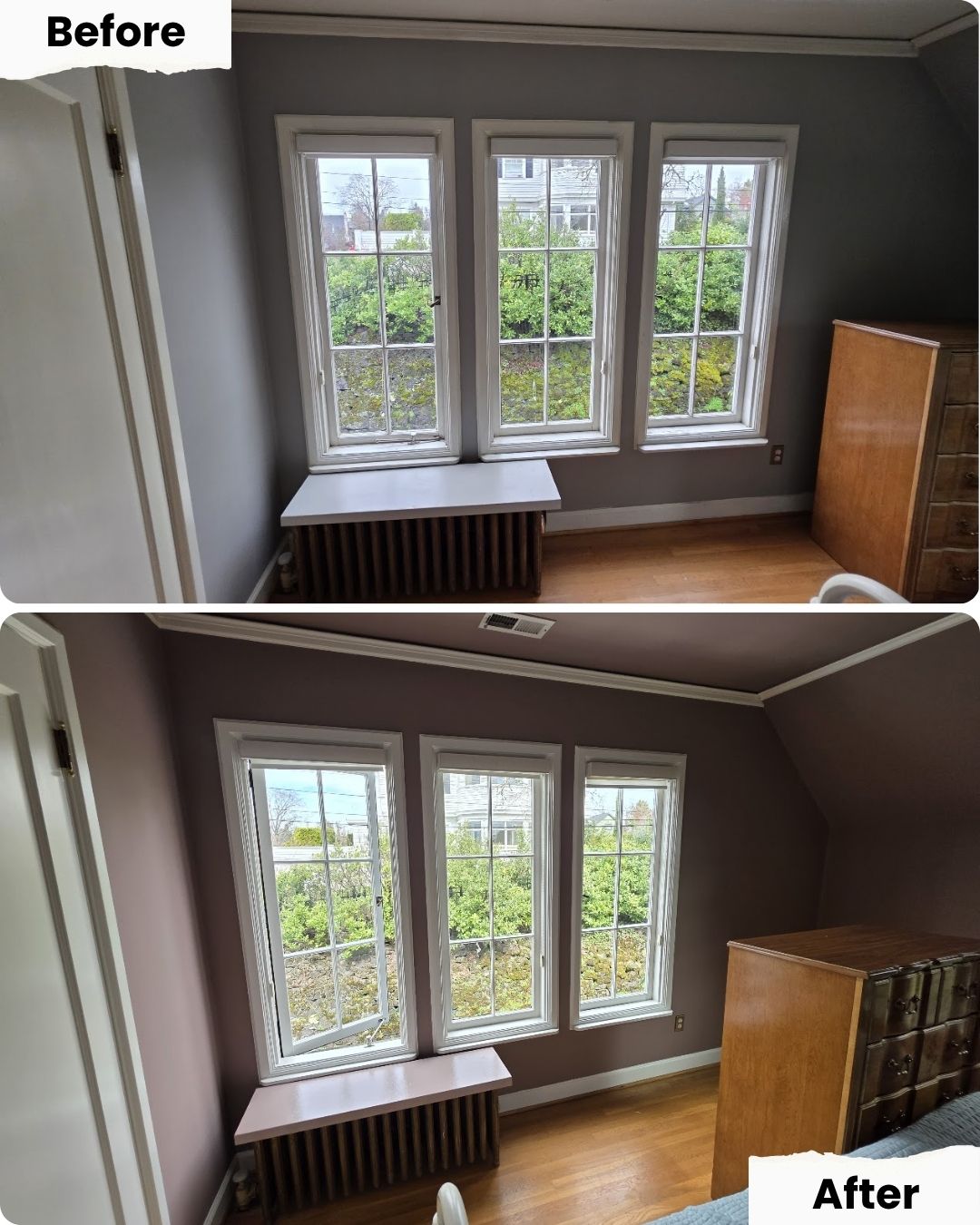Photos show a Portland room before and after painting by Pearl Painters: wall changes from light gray to mauve; furniture unchanged.
