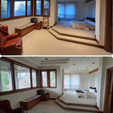 Before and after photos of a carpeted bedroom in Portland; painter’s ladder is present before, removed after by Pearl Painters.