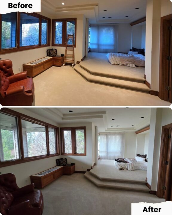 Before and after photos of a carpeted bedroom in Portland; painter’s ladder is present before, removed after by Pearl Painters.