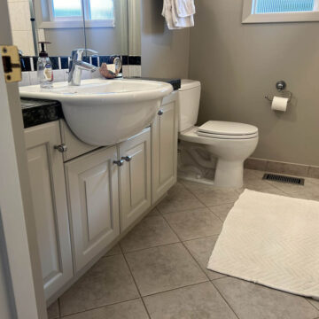 A bathroom with a toilet and sink.