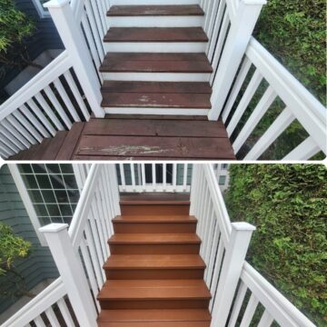 Portland painter before and after: worn outdoor wooden stairs repainted by Pearl Painters, now freshly stained and even.