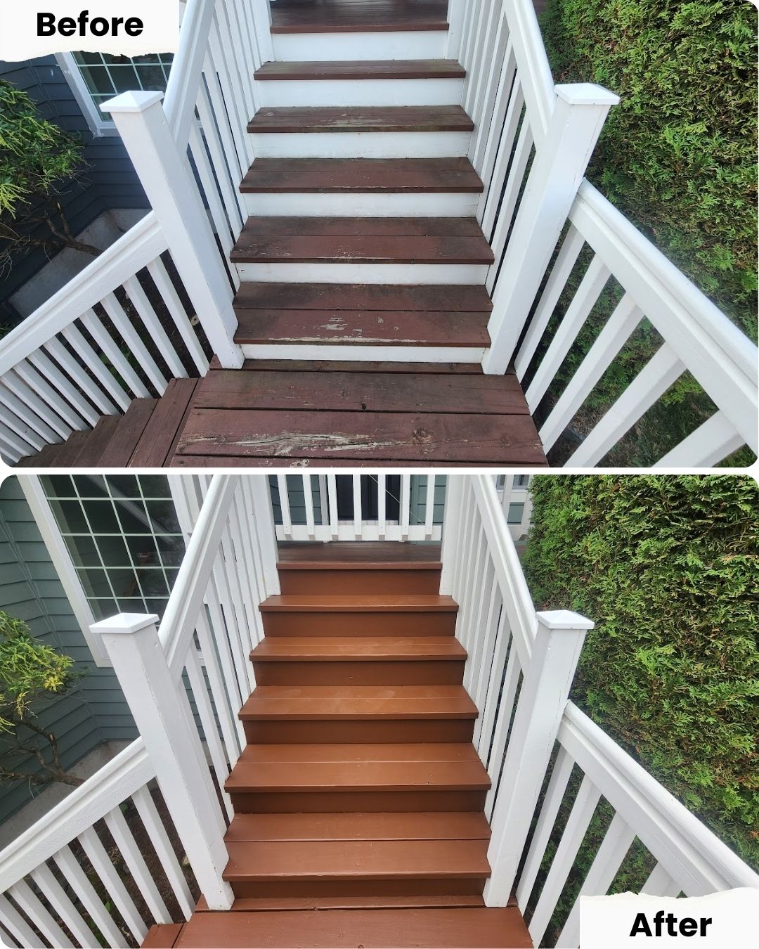 Portland painter before and after: worn outdoor wooden stairs repainted by Pearl Painters, now freshly stained and even.