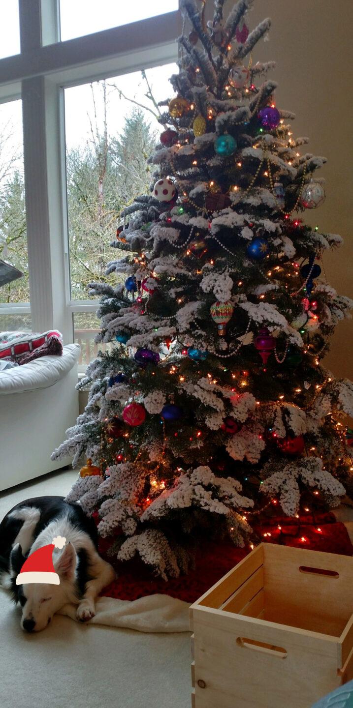 A dog is resting under a beautifully decorated Christmas tree, surrounded by magical ornaments and fairy lights.
