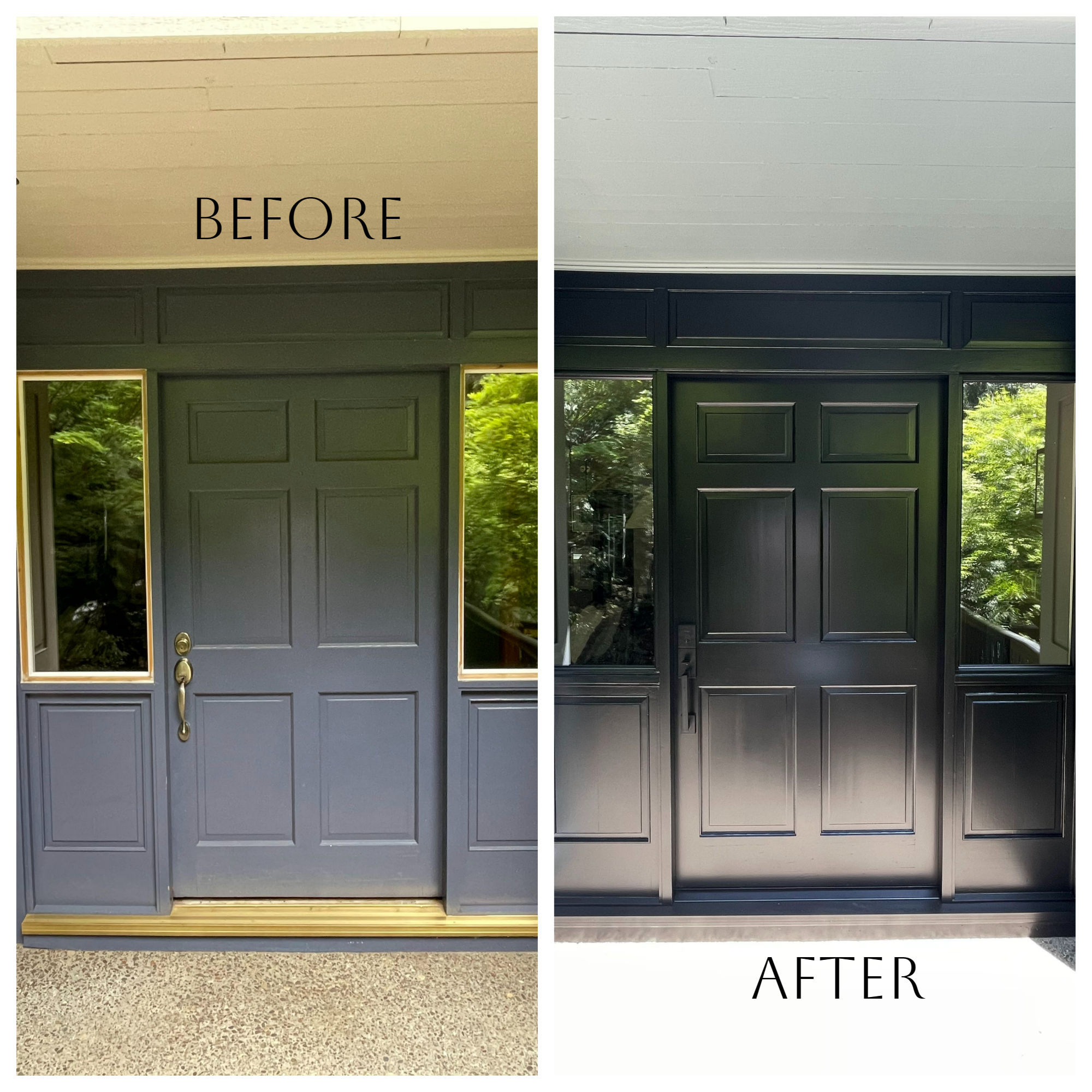 Before and after pictures of a front door transformed with a fresh exterior paint in summer 2023.
