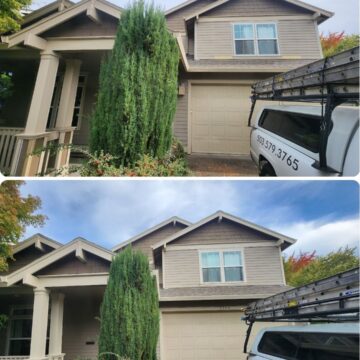 Before and after show Pearl Painters removing dark stains above the garage of a Portland house; other features unchanged.