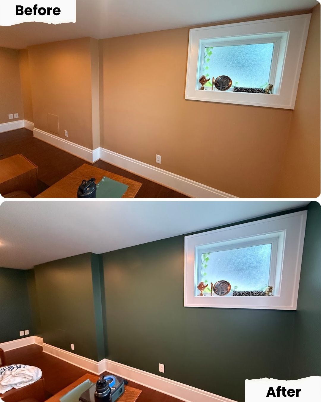 Before and after photos by Pearl Painters in Portland show walls painted from beige to dark green; window, trim, and decor unchanged.