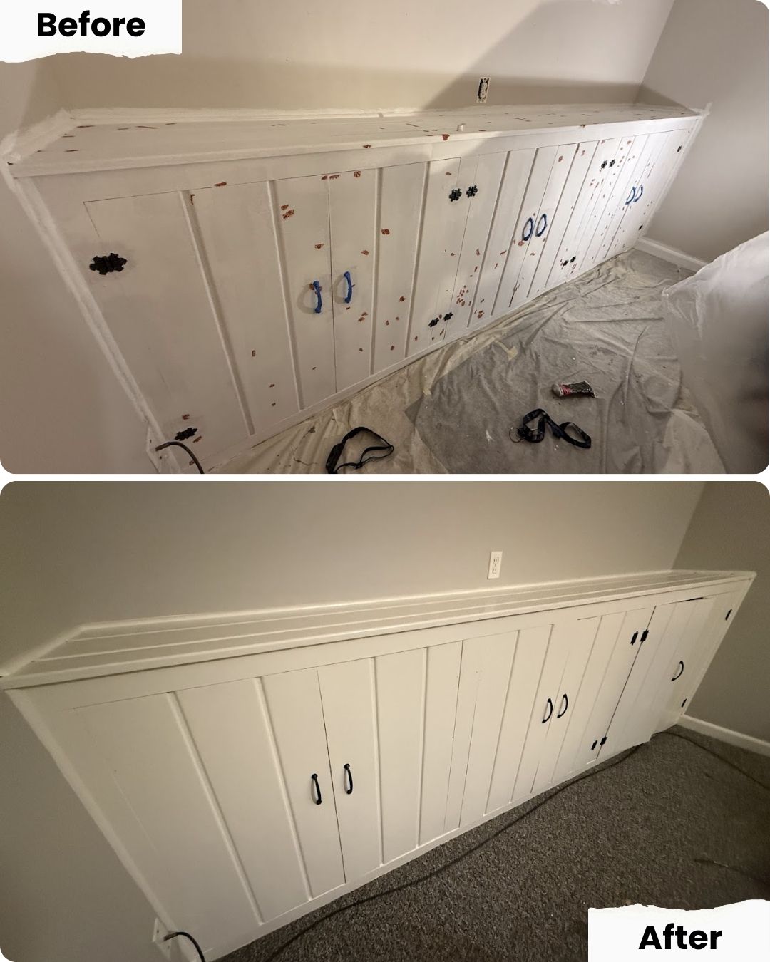 Before and after of built-in cabinet painted in Portland by Pearl Painters; painter prepped, primed, then finished with white and blue.