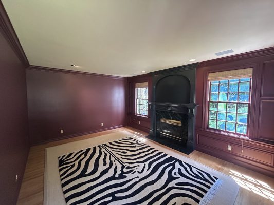 Room painted by Purcell, Pearl Painters, Portland: maroon walls, big windows, black fireplace, hardwood floors, zebra rug.