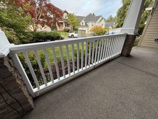 View from Montoya’s porch with white railing, showing houses, trees, and cars. Painted by Pearl Painters in Portland, Aug 2025.