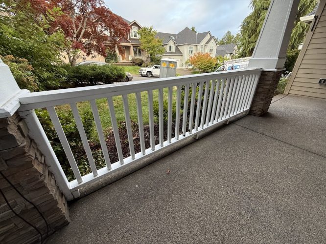 View from Montoya’s porch with white railing, showing houses, trees, and cars. Painted by Pearl Painters in Portland, Aug 2025.