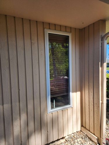 A painter from Pearl Painters in Portland photographed a vertical exterior window set in a beige wooden wall, reflecting trees and a house across the street, with rocks on the ground below, in April 2025.