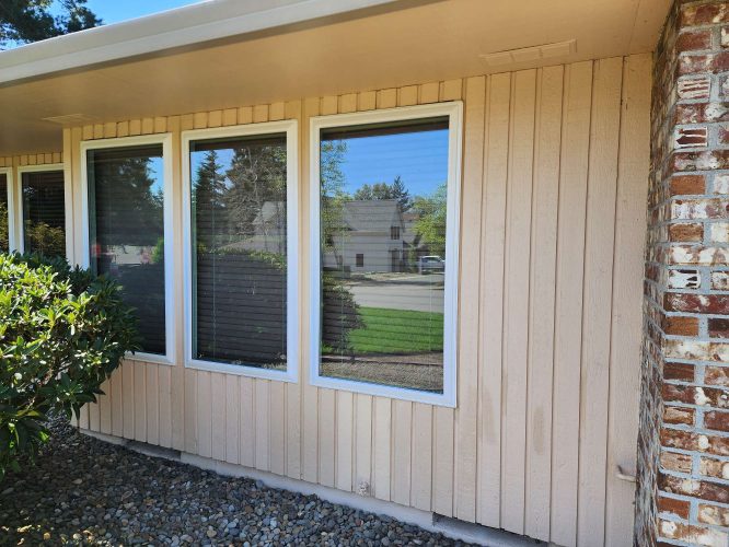 Three large rectangular windows on a beige, vertically paneled wall with brick corner and nearby shrubs. The windows reflect trees and a house across the street. Photo taken by painter Ferlitsch in Portland in April 2025 for Pearl Painters.