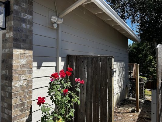 A painter in Portland with Pearl Painters works near a Featherstone gate, light gray siding, brick trim, and red roses.