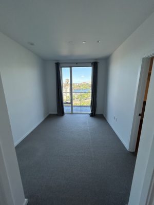 Empty carpeted room in Allen with white walls—good for painting. Large window, glass door to balcony, gray curtains at sides.