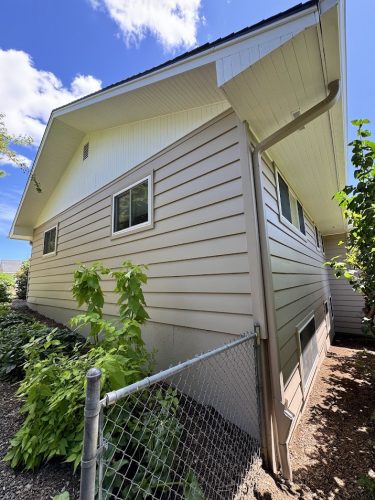 Pearl Painters painting beige exterior with siding and two windows in Cleveland, chain-link fence and plants visible.