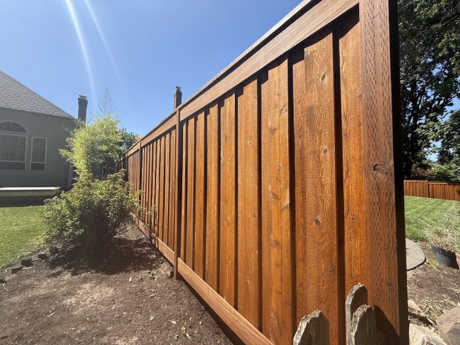 Tall wooden fence between yards, Smith house, green lawn, some plants; sunny day in July 2025. No painting shown.