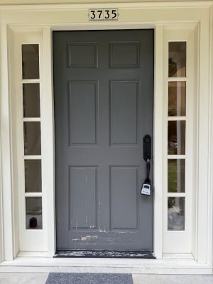 Gray front door with worn paint, address 3735, lockbox, cat in window. Pearl Painters photo, Portland, August 2025.