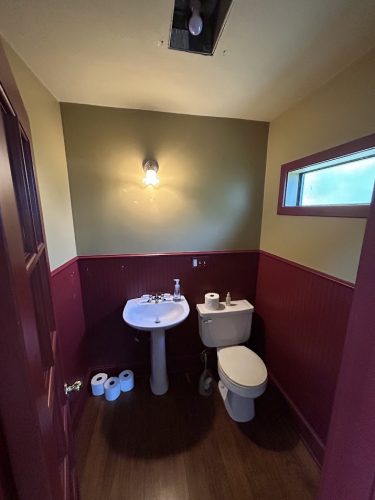 Bathroom in Portland with sink, toilet, and open ceiling panel. Painted by Pearl Painters. Photo: Dennis, July 2025.