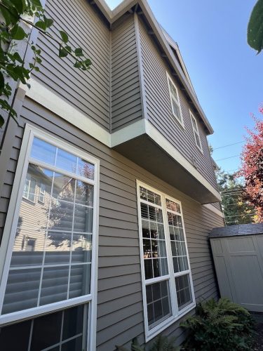 Feldon two-story house with tan siding and white windows, painted by Pearl Painters in Portland, July 2025.