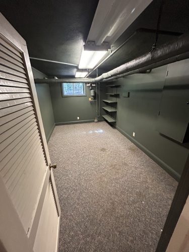 Small, empty Portland room with dark walls, gray carpet, exposed pipes, shelves, and window; minimalist like a painter’s space.