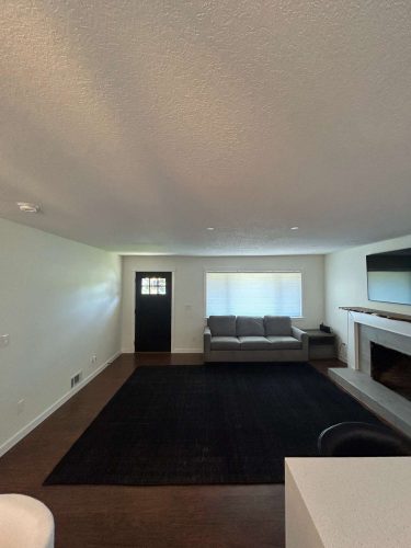 A minimalist living room painted by Arnold in May 2025 features a gray sofa, black rug, fireplace, wall-mounted TV, window with blinds, and a sleek black front door. Location: Portland. Pearl Painters.