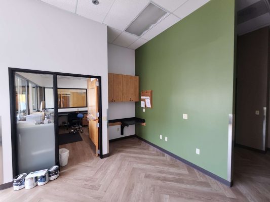 The Jones office in Portland has a green accent wall, wood cabinets, a small desk, and paint cans on the floor. An adjacent modern office is visible through a glass window. Painting by Pearl Painters, May 2025.