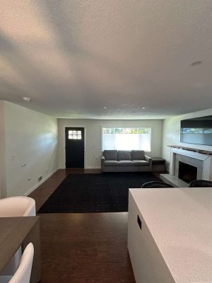 A detailed painting by Pearl Painters of Portland shows a modern living room with a dark door, gray couch by the window, black rug, fireplace with TV above, and partial views of the dining table and kitchen counter.