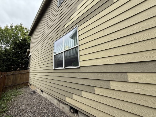 A beige house with horizontal siding and one window, located in Emory, was painted by Pearl Painters of Portland in June 2025.