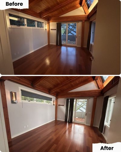 Before and after photos in Portland: Pearl Painters removed a coat rack and moved a curtain; wood floors and ceilings unchanged.