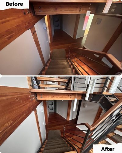 Before and after photos of a staircase show Pearl Painters in Portland replaced a wood railing with a horizontal metal one.
