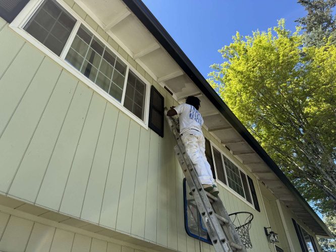A painter in white work clothes stands on a ladder painting the exterior eaves of a light green house with large windows in Portland, likely as part of an April 2025 Pearl Painters project.