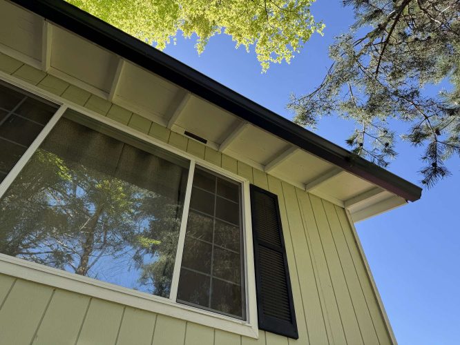 Exterior of the Wehage house painted by Pearl Painters in Portland, April 2025—features include yellow siding, black shutters, and a large window under a tree canopy.