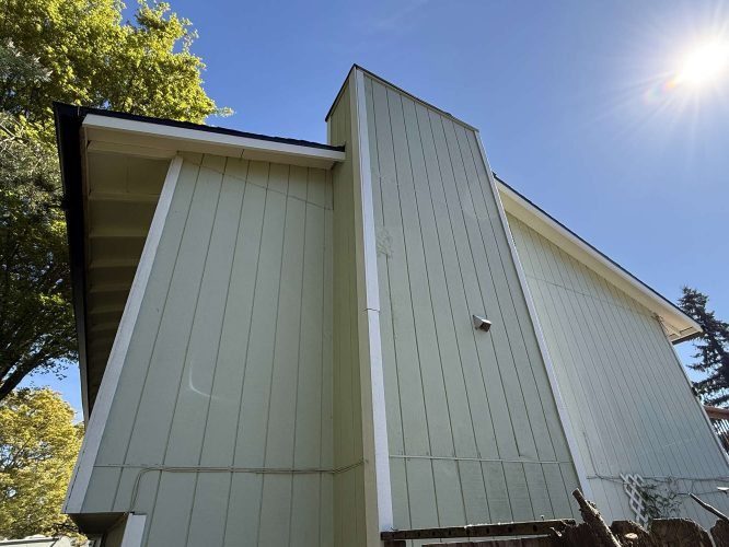 A light green Wehage exterior wall with a chimney, painted by Pearl Painters, is seen from below in Portland on a sunny April 2025 day, with trees in the background.
