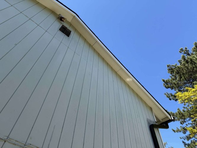 Exterior view of a light green vertical wood siding on a Wehage building in Portland, painted by Pearl Painters. Visible: security camera, vent, dark gutter, blue April 2025 sky, and tree branches.
