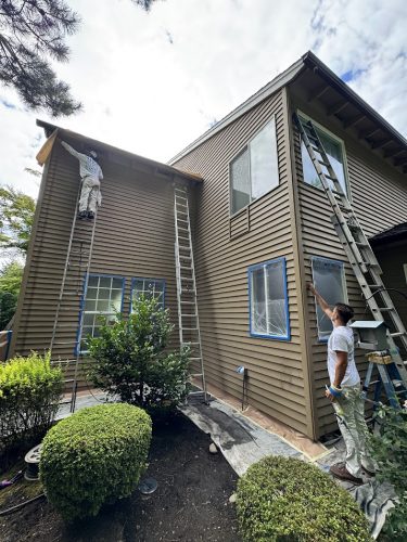 In August 2025, painters Renee & Seamus Barron paint a brown house in Portland with Pearl Painters; windows and shrubs covered.